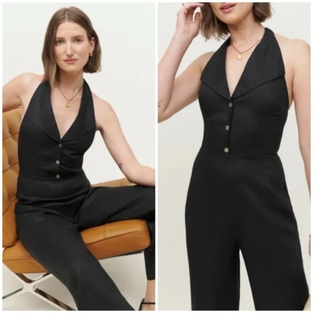 💋Anthropologie Reformation black linen jumpsuit
